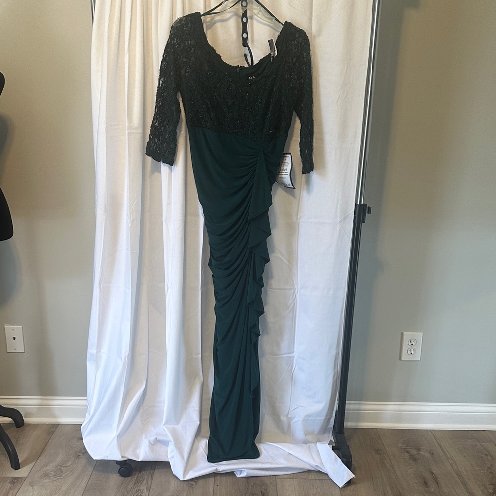 Betsy & Adam Lace Top with Dark Green Ruched Maxi Dress